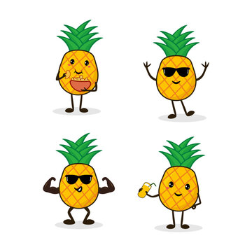 Illustration set of 4 kawaii pineapples characters white background