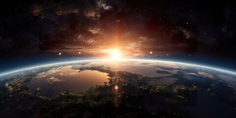 Obraz premium Image of planet in outer space. Mixed media. Elements of image furnished. Sunrise behind the planet earth. view from space, sun, stars and galaxy. 3D realistic illustration. Generative AI