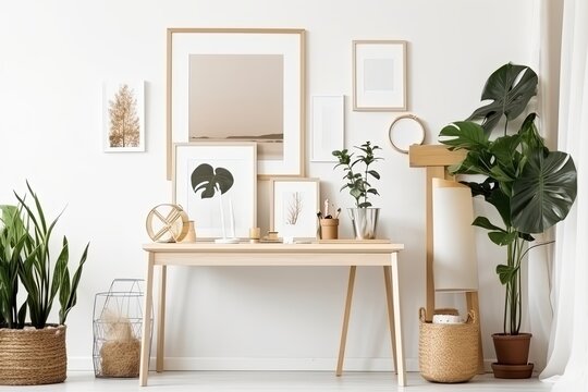 Scandinavian Minimalist Living Room Photo frame with Natural Light and Elegant chair with Ai Generative