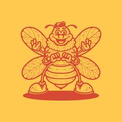 Hand drawn cartoon retro honey bee vector illustration