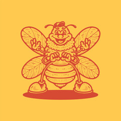 Hand drawn cartoon retro honey bee vector illustration