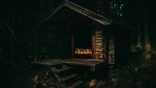 Raining on Wooden Cabin in the Woods landscape night in the  forest 4k background  rain drops in the woods