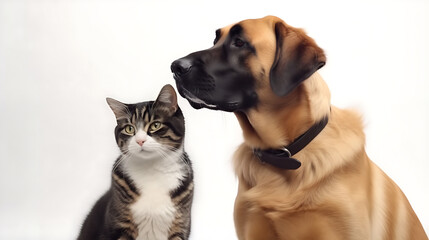 Cat and Dog Together As Best Friends, White Background 01. AI generative.