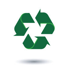 Recycling sign. Green icon on transparent background with shadow. Vector illustration.