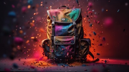 Vibrant Backpack Photoshoot with Ultra Detailed Quality on Bright Background: A Perfect Blend of Art and Design in Urban Night Life, Generative ai