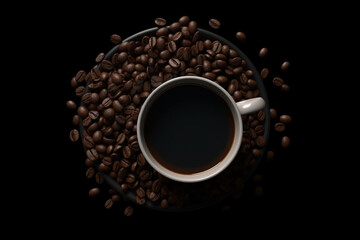 Fototapeta premium Coffee beans and a cup of coffee on a black background, Generative AI 