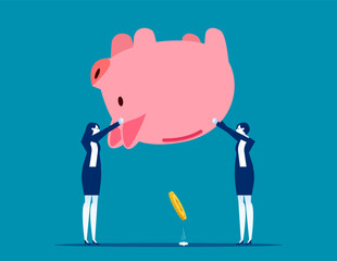 Team pour out a gold coin from the piggy bank. Business vector illustration concept