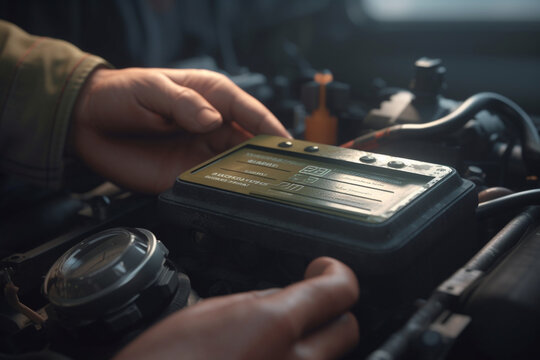 Auto mechanic checking car battery with voltmeter