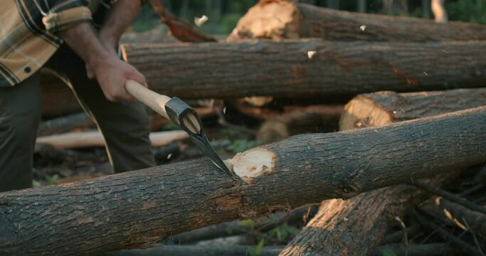 a man in casual clothes cuts a dry log for firewood. slow motion closeup cropped portrait