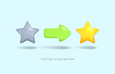 3D poor quality star turning to be quality star, quality development, improving quality of product and service, increasing customer satisfaction concept, Vector illustration.