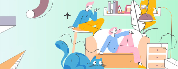 Home interior character scene flat vector concept operation hand drawn illustration
