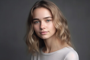 Fototapeta premium Gorgeous natural beauty. Young woman posing in the studio. Generative AI
