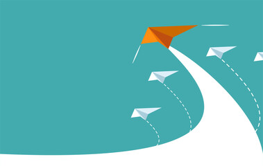 Origami orange paper plane leads to success. The startup, creative idea, business financial, competition concept. Vector illustration for banner, poster, and background.