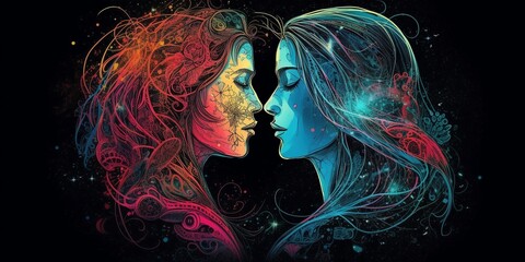 Parallel Universes - An otherworldly illustration featuring two star-crossed lovers who exist in separate parallel universes, Created by AI generation, AI generative, Created with generative AI tools