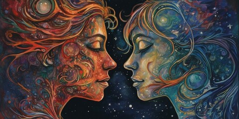 Parallel Universes - An otherworldly illustration featuring two star-crossed lovers who exist in separate parallel universes, Created by AI generation, AI generative, Created with generative AI tools