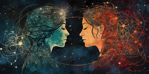 Parallel Universes - An otherworldly illustration featuring two star-crossed lovers who exist in separate parallel universes, Created by AI generation, AI generative, Created with generative AI tools