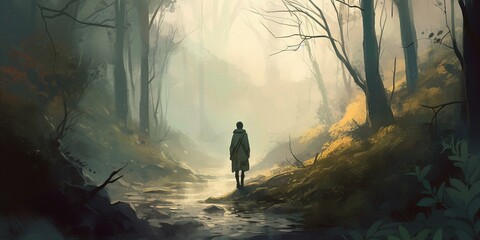 a person standing on a hill, expansive landscapes, Created by AI generation, AI generative, Created with generative AI tools
