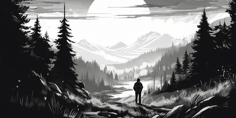 a person standing on a hill, expansive landscapes, Created by AI generation, AI generative, Created with generative AI tools