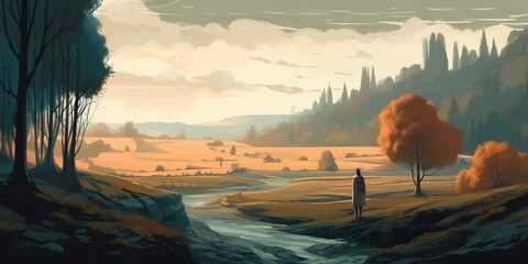 a person standing on a hill, expansive landscapes, Created by AI generation, AI generative, Created with generative AI tools