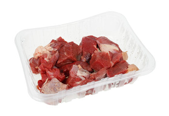 Chilled pieces of raw beef in a plastic container isolated
