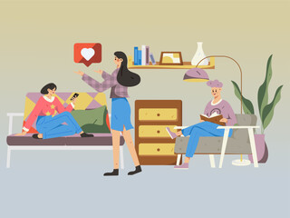 Home interior character scene flat vector concept operation hand drawn illustration
