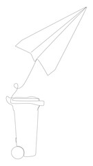 One continuous line of Paper Airplane with Garbage Bin. Thin Line Illustration vector concept. Contour Drawing Creative ideas.