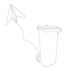 One continuous line of Paper Airplane with Garbage Bin. Thin Line Illustration vector concept. Contour Drawing Creative ideas.