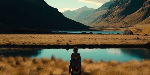 a person standing on a hill, expansive landscapes, Created by AI generation, AI generative, Created with generative AI tools