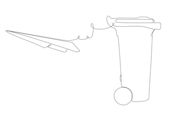 Fototapeta na wymiar One continuous line of Paper Airplane with Garbage Bin. Thin Line Illustration vector concept. Contour Drawing Creative ideas.