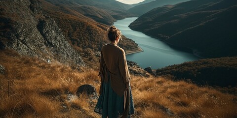 a person standing on a hill, expansive landscapes, Created by AI generation, AI generative, Created with generative AI tools