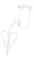 One continuous line of Paper Airplane with Garbage Bin. Thin Line Illustration vector concept. Contour Drawing Creative ideas.