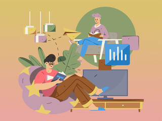 Fototapeta premium Home interior character scene flat vector concept operation hand drawn illustration 