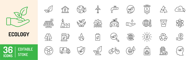 Ecology thin line icons set. Energy, nature, recycle, wind power, electric, bio and more… Vector illustration.