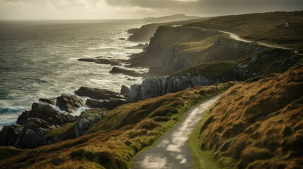 Obraz premium Road along the scenic coast of western Ireland. Generative AI