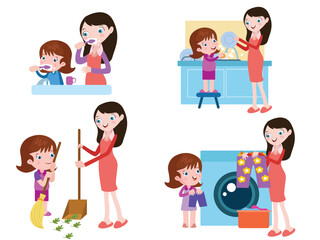 Mother and daughter doing housework, isolated on white background