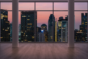 Fototapeta na wymiar Empty room Interior Skyscrapers View Bangkok. Downtown City Skyline Buildings from High Rise Window. Beautiful Expensive Real Estate overlooking. Sunset. 3d rendering.