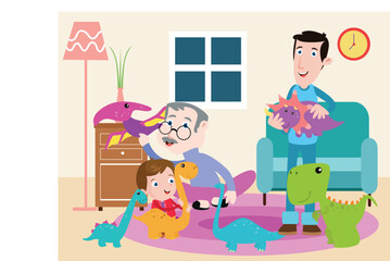 Boy and grandfather playing dinosaur toy at home