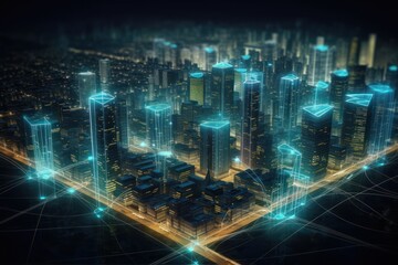 smart city with glowing light trails, generative AI