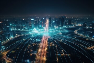 Fototapeta na wymiar smart city with glowing light trails, generative AI