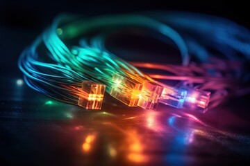 optical fiber network with light pulses, generative AI - obrazy, fototapety, plakaty