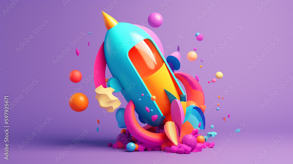 Poster cute rocket in abstract style in trending color palette with generative ai