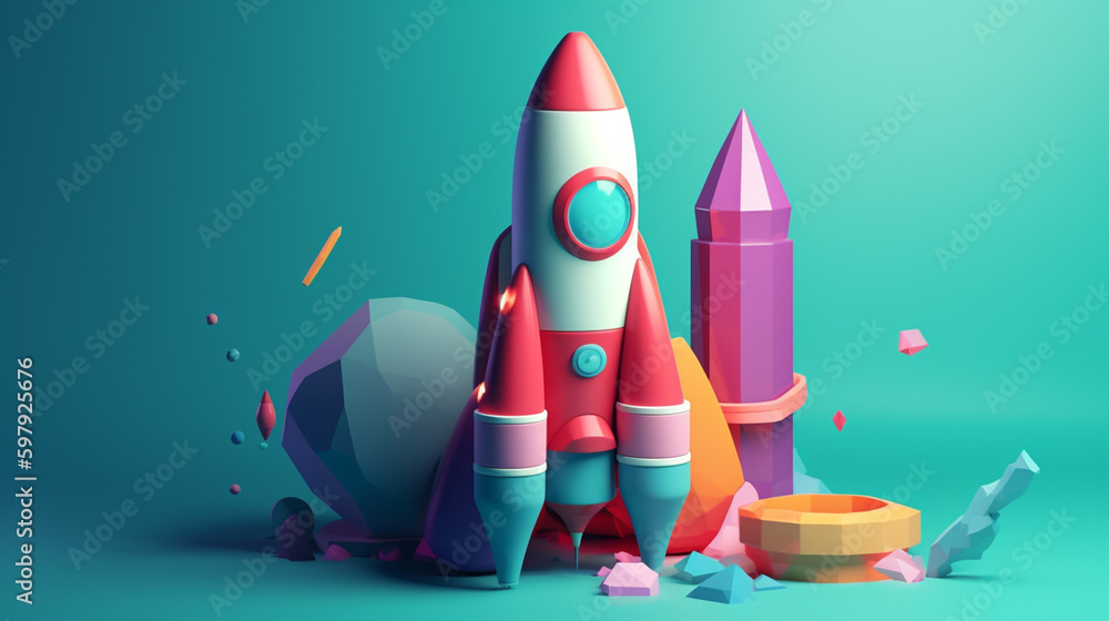 Poster cute rocket in abstract style in trending color palette with generative ai