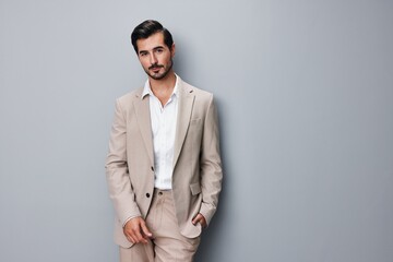 man portrait business smiling handsome suit beige confident businessman happy copyspace