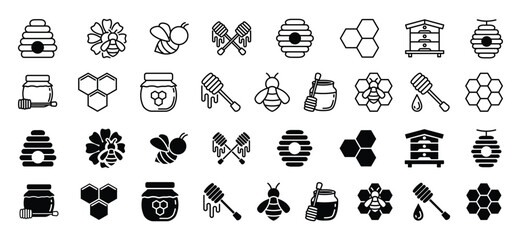 Honey and beekeeping line and flat icons vector set with editable stroke. Bee, beehive, honeycomb, honey, jars, hive, spoons, flowers icons collection on white background. Vector illustration