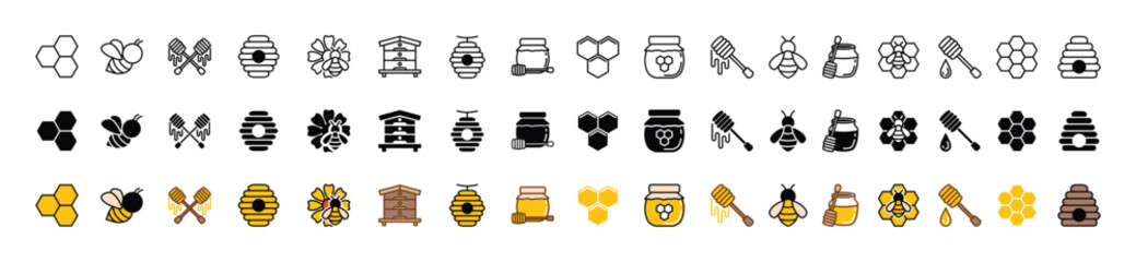 Fototapeta Honey and beekeeping line, flat, and color icons vector set with editable stroke. Bee, beehive, honeycomb, honey, hive, jar, spoons, flower icons collection on white background. Vector illustration obraz