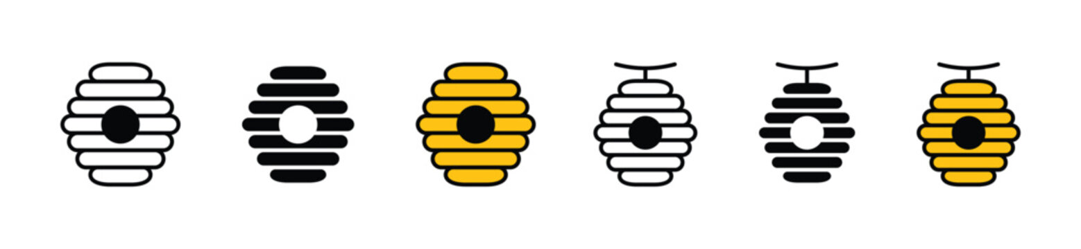 Beehive icon vector set. Symbol of honeycomb, bee, honey, hive, beekeeping icons collection in line, flat, and color style. Vector illustration