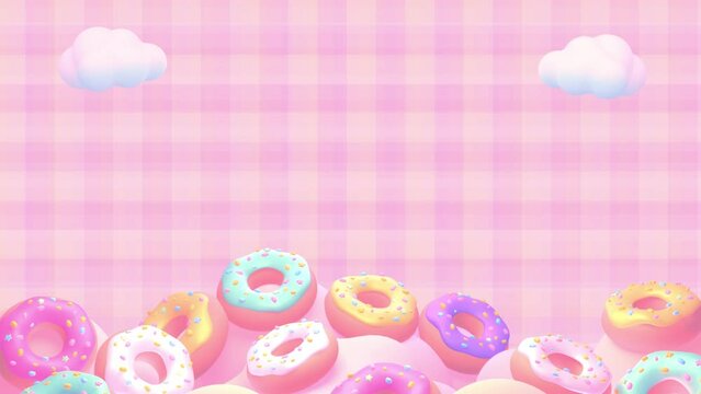 Looped colorful donuts and clouds on a pink plaid pattern background animation.