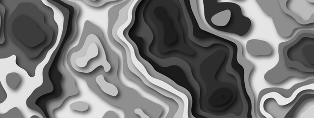 Abstract light and dark gray wavy shapes paper cut background. white to black waves concept for banner, wallpaper, trendy cutout cover. Geometric papercut black luxury background and elements, 