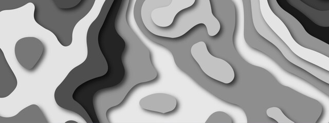 Abstract light and dark gray wavy shapes paper cut background. white to black waves concept for banner, wallpaper, trendy cutout cover. Geometric papercut black luxury background and elements, 