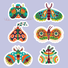 Hand drawn moths with floral ornaments. Sticker collection